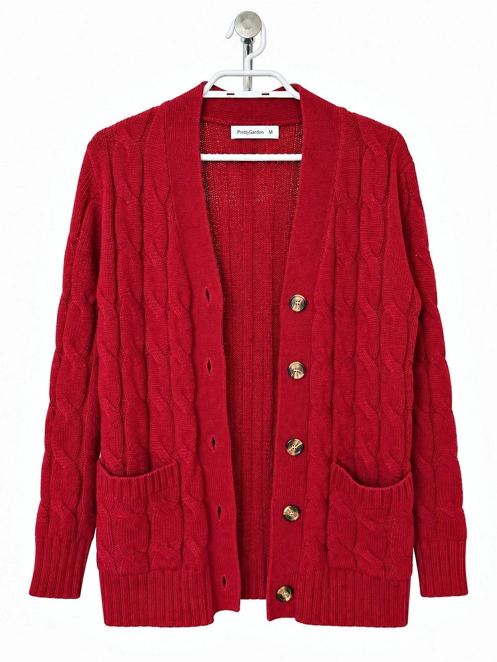 PrettyGarden Red Cable Knit Button Front Cardigan Sweater Size M